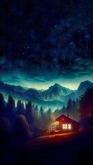 Obraz na płótnie Canvas Una cabaña cálida, en un bosque montañoso bajo las estrellas.