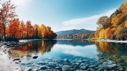 Fototapeta na wymiar Tranquil river with reflections of colorful autumn trees, autumn banner, autumn background Generative AI