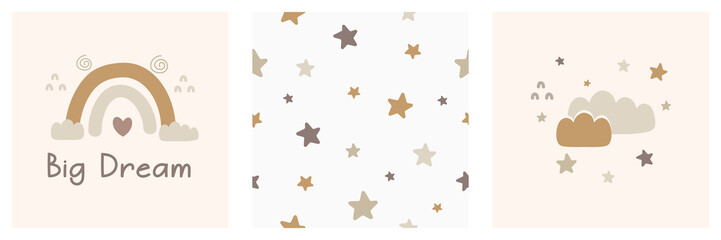 Cute seamless pattern with star, clouds and rainbow. Kids collection set. Design for print, wallpaper, wrapping, card. Vector illustration