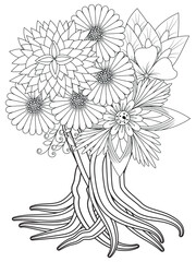 Flowers bouquet coloring book page. Isolated on white background. Doodle drawing anti-stress coloring books page for adults or children. Flat Vector Illustration