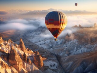 Obraz premium AI-generated illustration of colorful hot air balloons soaring over a majestic mountain range.