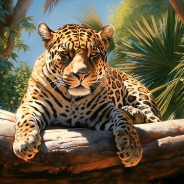AI generated illustration of a vibrant and detailed painting of a majestic African jaguar on a tree
