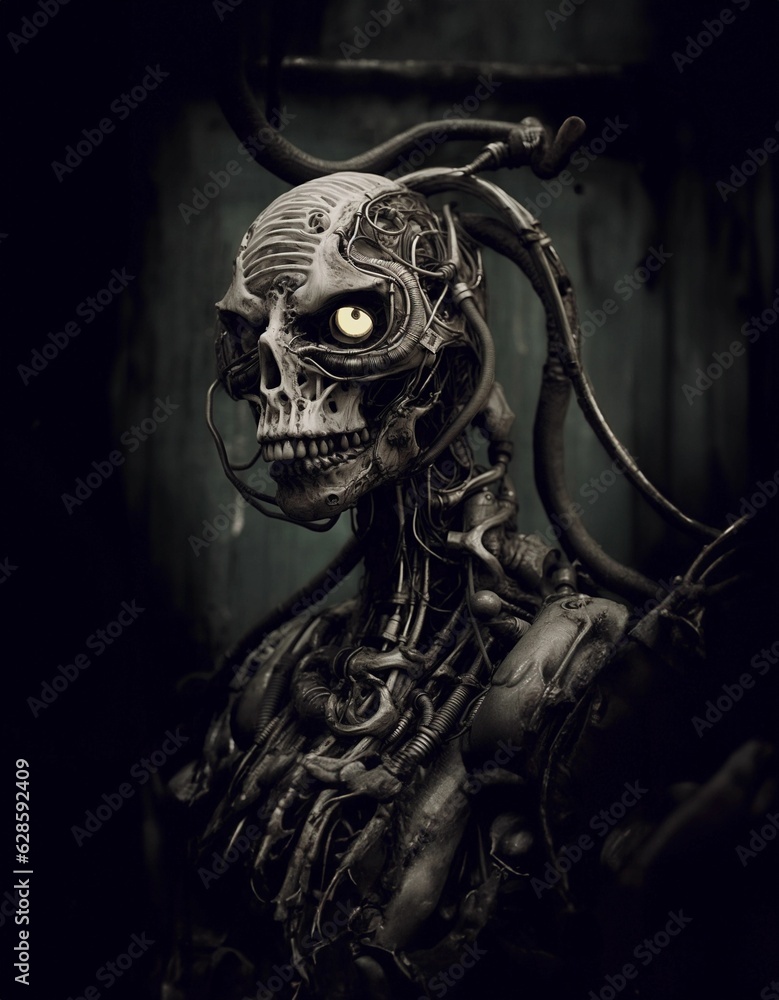 Poster ai generated illustration of a robotic figure with a skull structure and wires