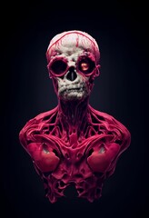 AI generated illustration of a human skull with red muscle fibers and tendons