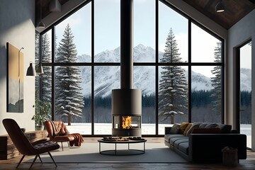 AI-generated modern room with a fireplace and windows overlooking a beautiful mountain landscape.