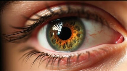 AI generated illustration of a human eye with a vibrant yellow iris, with long eyelashes
