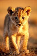 Obraz premium Majestic young lion cub strides across a sun-drenched savannah, AI-generated.