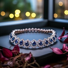 Beautiful diamond bracelet resting on a dark surface. AI-generated. - obrazy, fototapety, plakaty