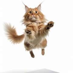 a cat is flying through the air on a white background