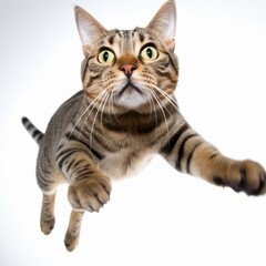 a cat is flying through the air on a white background