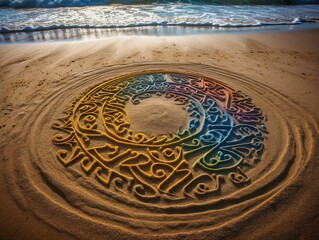 AI-generated illustration of a sandy beach with a creative artwork design crafted into the sand.