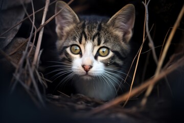 a cat is peeking out of a hole in the woods