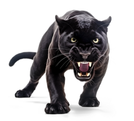 black panther with open mouth and visible fangs on isolated background