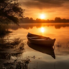 AI-generated illustration of a small boat in a serene body of water at the golden hour of sunset.