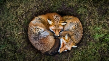 AI generated illustration of a pair of red foxes in a cozy embrace on the ground