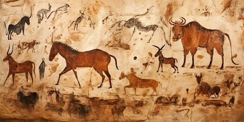 AI Generated. AI Generative. Primitive historical stone cave wall drawing art of animals hunting. Graphic Art