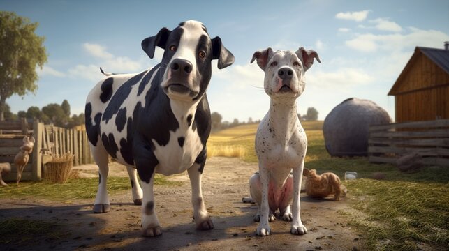 Dog And Cow Big Agrey Characters.Generative AI