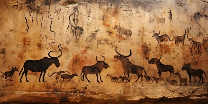 AI Generated. AI Generative. Primitive historical stone cave wall drawing art of animals hunting. Sketch old style wall decoration nature. Graphic Art