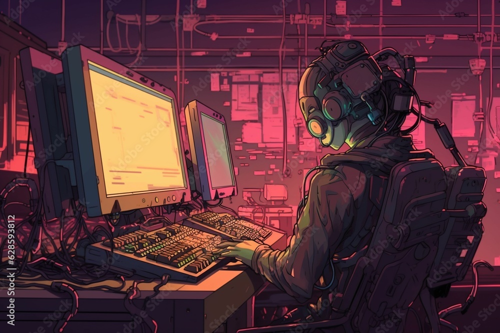 Aufkleber ai generated illustration of a humanoid robot seated at a desk in front of a computer