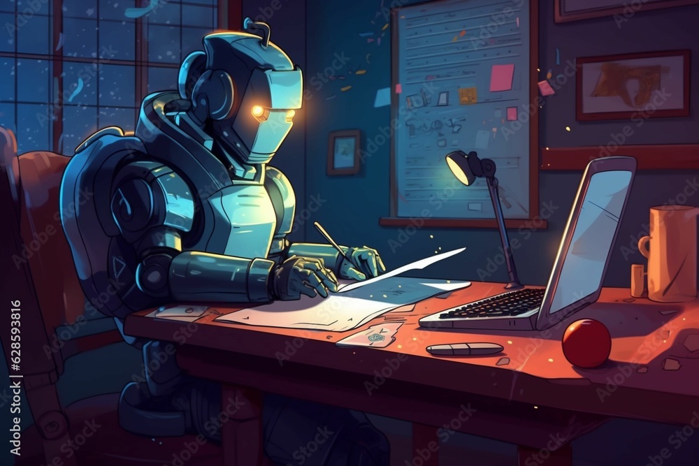 Poster ai generated illustration of an adorable cartoon robot character using a laptop computer