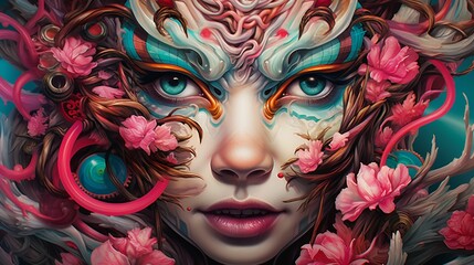 AI generated illustration of A vibrant and colorful portrait of a beautiful woman