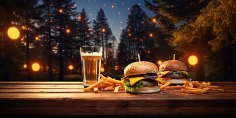 burgers, fries, and beer on a wooden table outside at night Generative AI