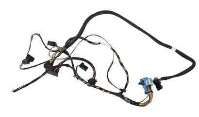 A cable of matted wires of different colors with connectors in the electrical wiring of the car. Internet line in the work of the provider.