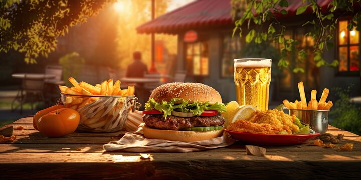 hamburgers, fries and drinks on a picnic table with an outdoor setting Generative Ai
