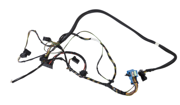 A cable of matted wires of different colors with connectors in the electrical wiring of the car. Internet line in the work of the provider.