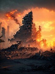 AI generated illustration of a cityscape in ruin, with multiple buildings in a state of destruction