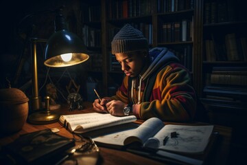 AI generated illustration of a black young man studying illuminated by a desk light