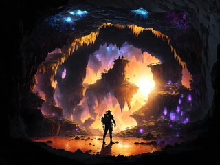 AI generated illustration of A man standing in front of a dark cave illuminated by a bright light