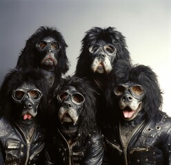 AI generated illustration of five dogs wearing black wigs, leather jackets, and Aviator glasses