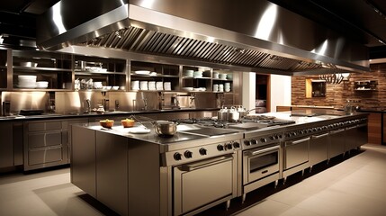 
Design of a professional kitchen for a restaurant or cafe. Metal table. Kitchen equipment for catering. Cooking space. Generative AI - Powered by Adobe