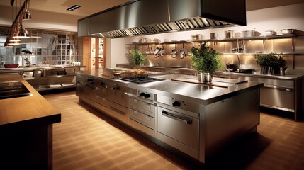 
Design of a professional kitchen for a restaurant or cafe. Metal table. Kitchen equipment for...