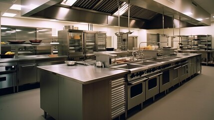 Design of a professional kitchen for a restaurant or cafe. Metal table. Kitchen equipment for catering. Cooking space. 