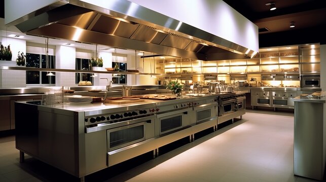 
Design of a professional kitchen for a restaurant or cafe. Metal table. Kitchen equipment for catering. Cooking space. Generative AI