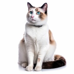 a cat with blue eyes sitting on a white background