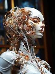 White woman sculpture adorned with golden details. AI-generated.