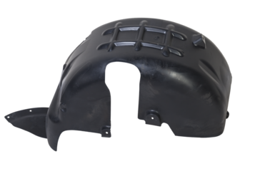 Black plastic fender liner on a white isolated background for sale or replacement in a car service. Mudguard on auto-parsing for repair or a device to protect the body from dirt.