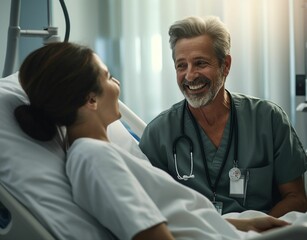 Obraz premium Male doctor checking on his female patient who is lying in a hospital bed, AI-generated.