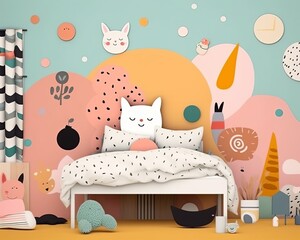 a childs bedroom with a cat on the bed