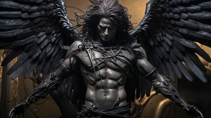 stunning image of a male archangel with dark hair and wings, surrounded by dark clouds