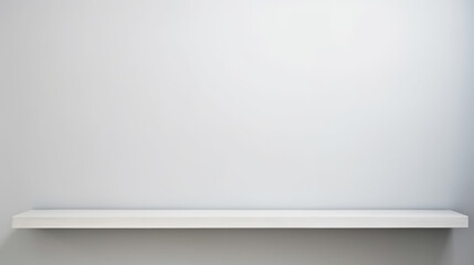 Universal minimalistic background for product presentation. White empty shelf on a light gray wall. Generative AI.