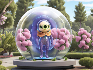 A glass dome with a pink flower inside