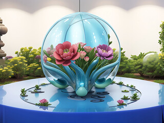 A glass dome with a pink flower inside