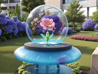 A glass dome with a pink flower inside