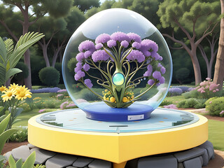 A glass dome with a pink flower inside