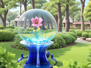 A glass dome with a pink flower inside
