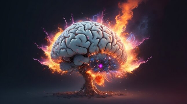 Concept art of a human brain exploding with knowledge and creativity. 